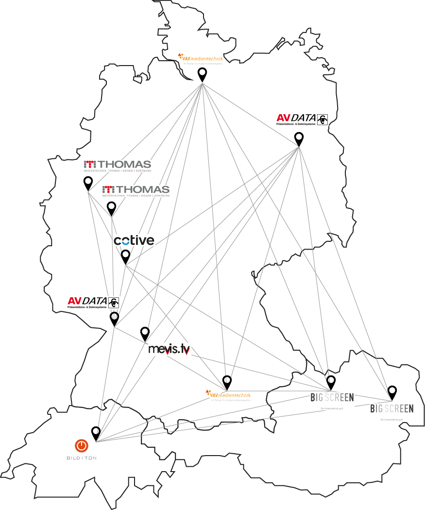 Karte von Deutschland, Österreich und der Schweiz mit Logos und Standorten der VAV-Partnerfirmen im Bereich Medientechnik.